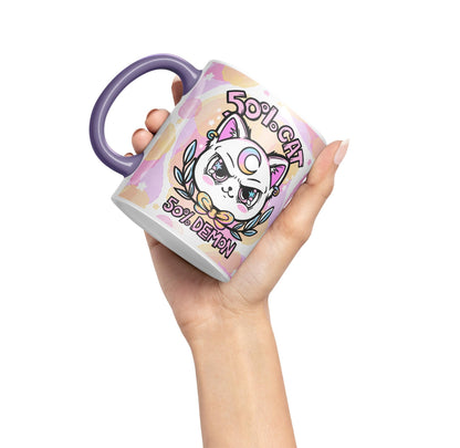 Vixar 50% Cat 50% Demon Cute cat Lovers, Kawaii Joke Coloured Ceramic Mug Cup Gift 330ml 11oz Work Office Tea Coffee