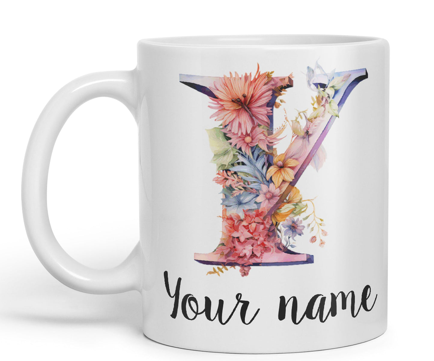 Personalised Letter Y mug, Customized Custom Floral flowers butterfly Alphabet Letter Y Monogram watercolour Ceramic Coloured Mug Cup for Tea Coffee Hot brew 330ml 11Oz Gift