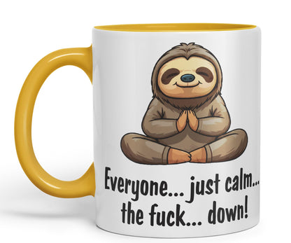 Everyone… just Calm… The f.. Down! Sloth Sarcastic Joke Ceramic Coloured Mug Cup for Tea Coffee Hot Brew 330ml 11 OZ