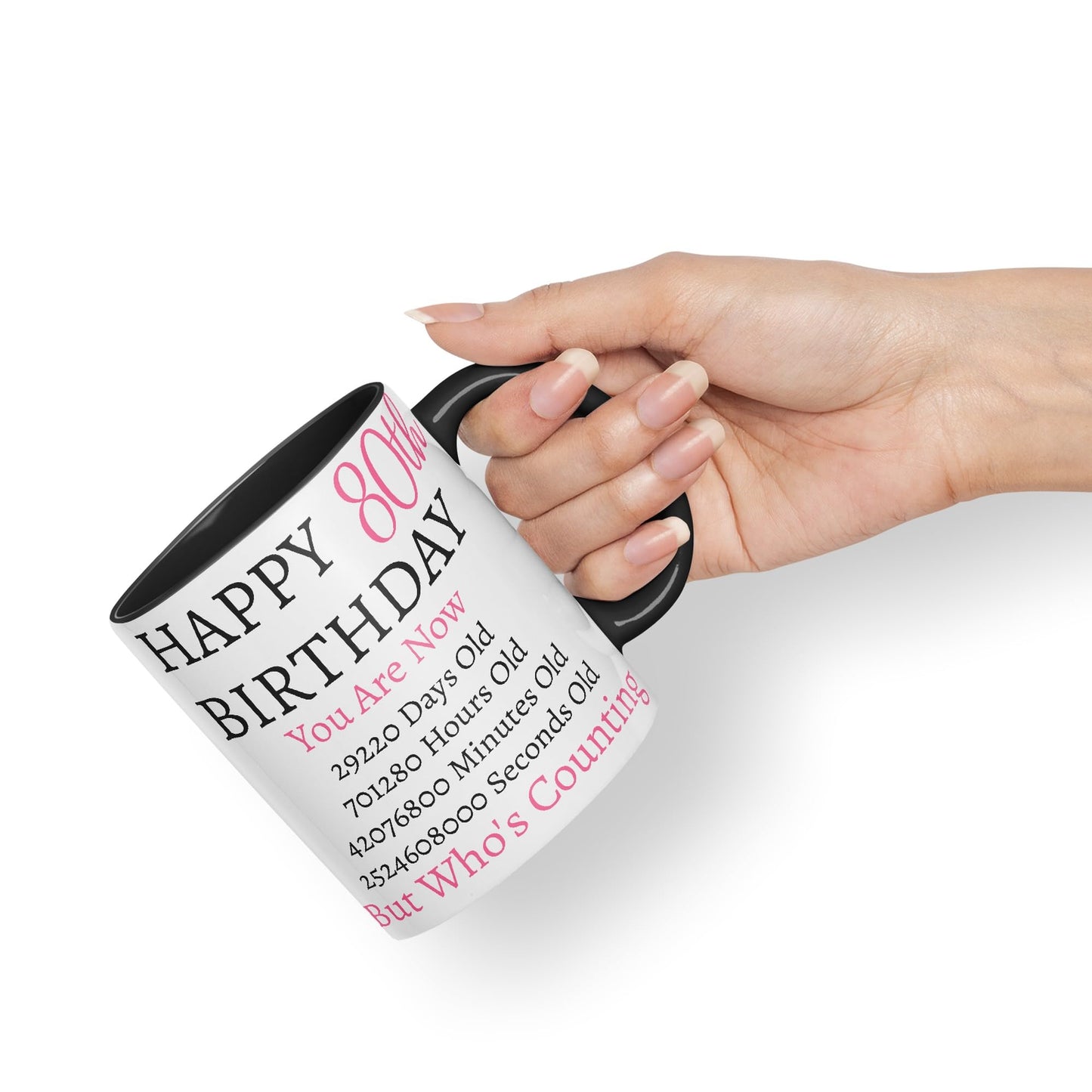 Vixar But Who's Counting Happy 80th Birthday Ceramic Coloured Mug Cup Gift Days Hours Minutes (Pink)
