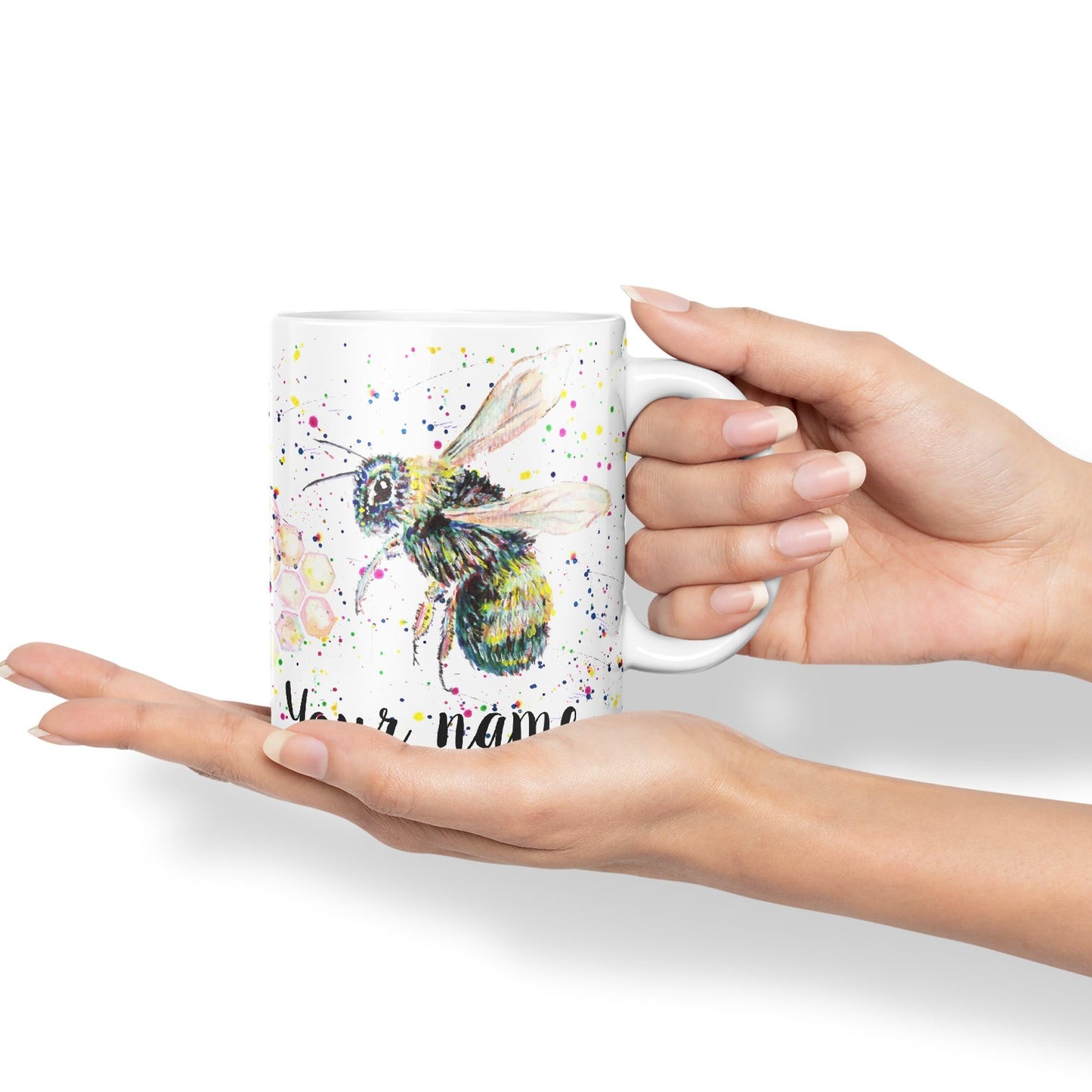 Personalised mug with Your Text name Bees bee Honeycomb animals Watercolour Art Coloured Ceramic Mug Cup Gift 330ml 11oz Custom Work Office Tea Coffee