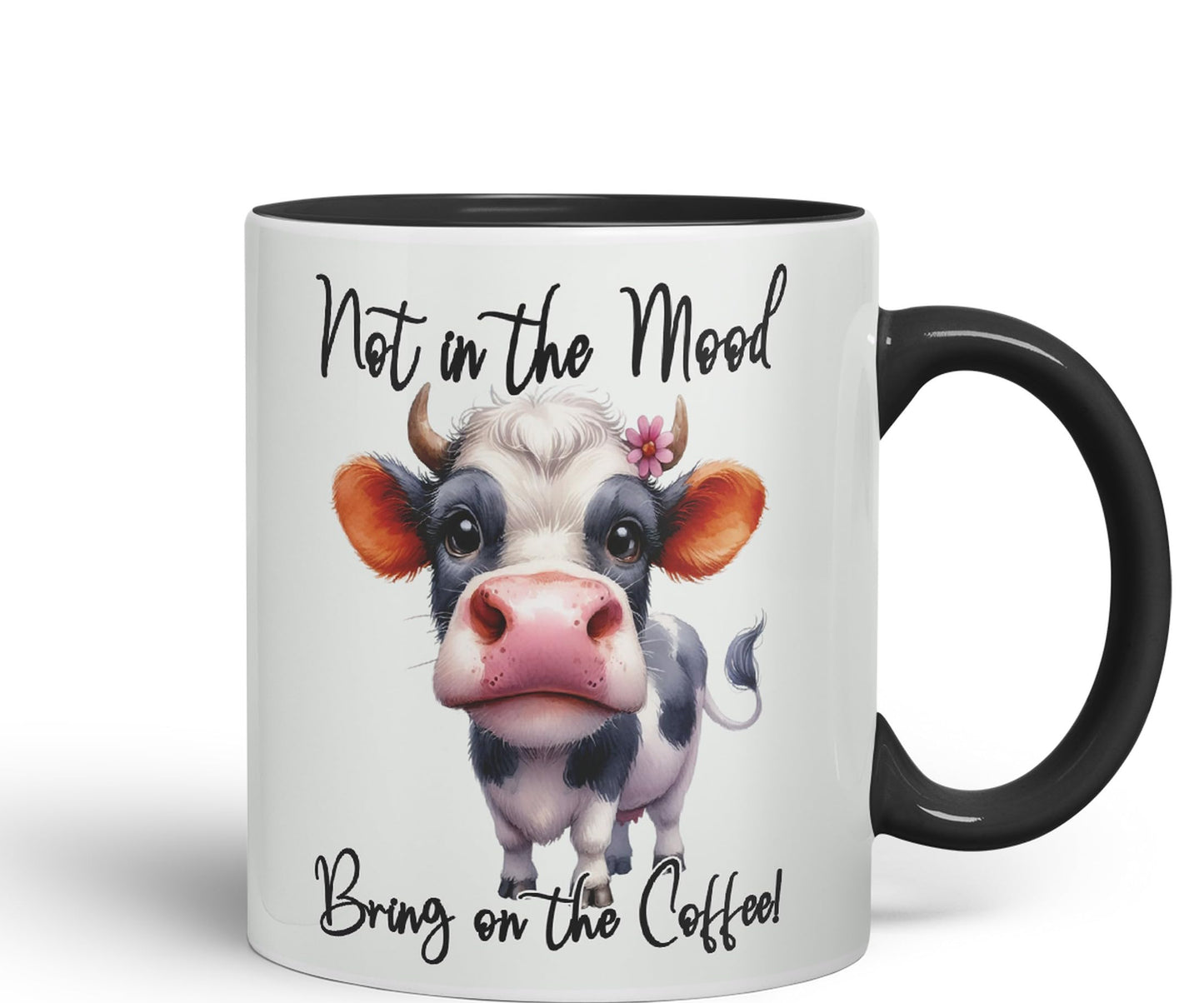 Not in The Mood Bring on The Coffee Cow Joke sarkasm Sarcastic Ceramic Coloured Mug Cup for Tea Coffee Hot Brew 330ml 11Oz Gift