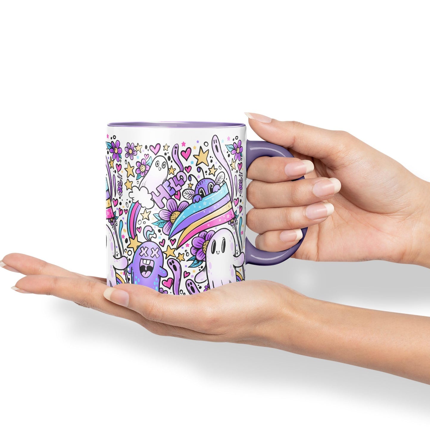Vixar Hello Cool Kawaii Ghosts Coloured Ceramic Mug Cup Gift 330ml 11oz Work Office Tea Coffee