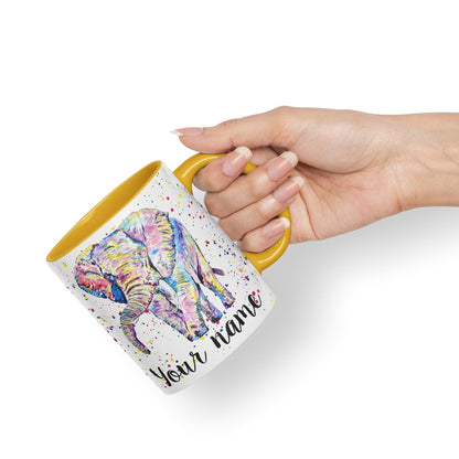 Vixar Personalised with Your Text Elephant Forward Facing Wild Animals Watercolour Art Coloured Ceramic Mug Cup Gift 330ml 11oz Custom Work Office Tea Coffee