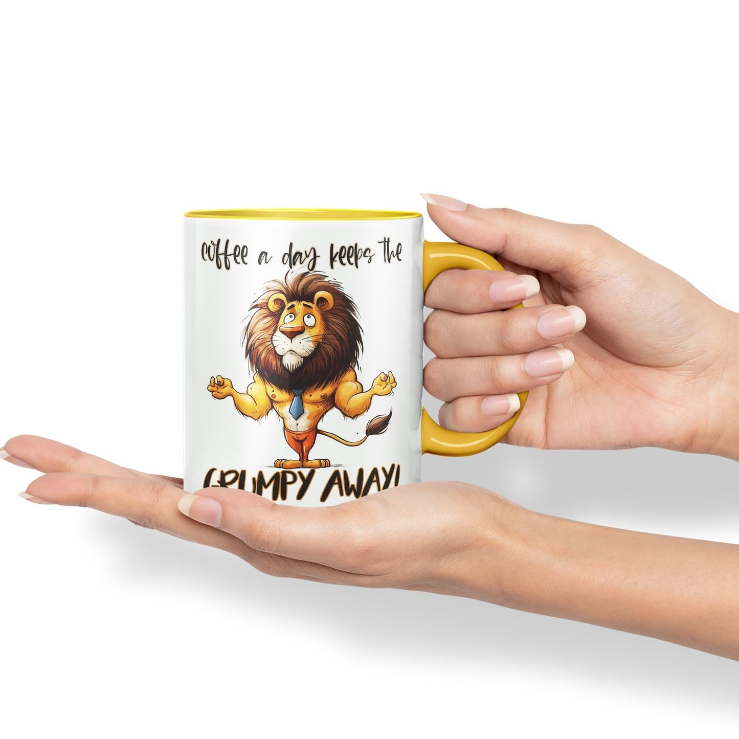 Coffee a Day Keeps The Grumy Away! Lion Joke sarkasm Sarcastic Ceramic Coloured Mug Cup for Tea Coffee Hot Brew 330ml 11Oz Gift