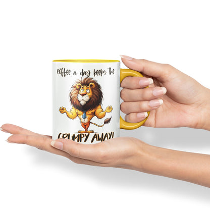 Coffee a Day Keeps The Grumy Away! Lion Joke sarkasm Sarcastic Ceramic Coloured Mug Cup for Tea Coffee Hot Brew 330ml 11Oz Gift