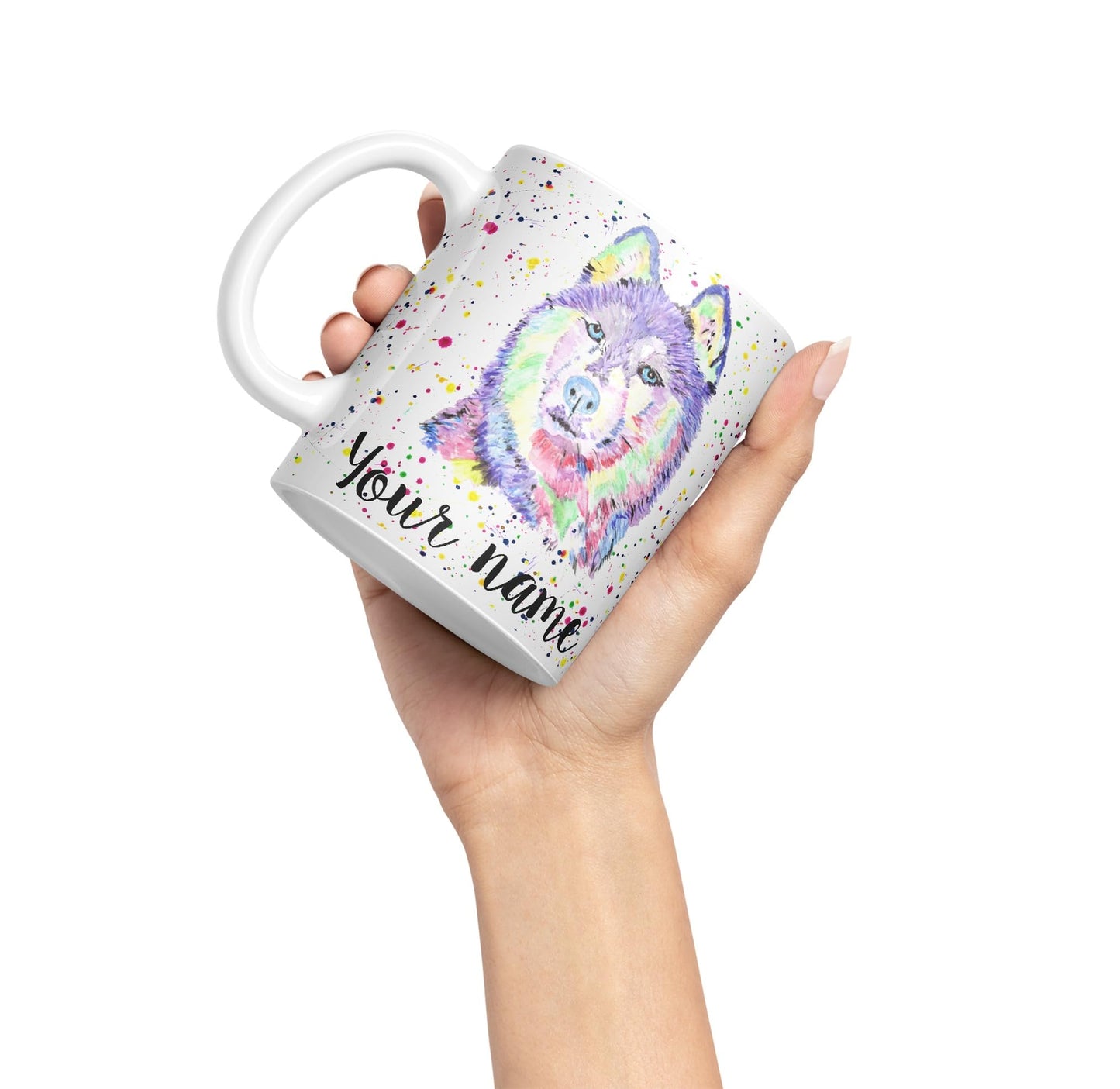 Vixar Personalised with Your Text Husky Snow Dog Pet Animals Watercolour Art Coloured Ceramic Mug Cup Gift 330ml 11oz Custom Work Office Tea Coffee