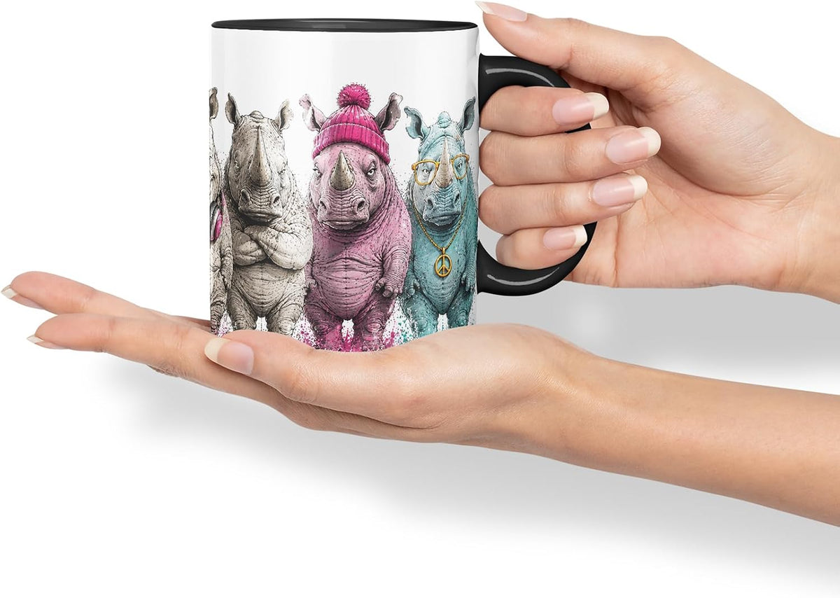 Vixar Rhino Mug – Cute Rhino Coloured Ceramic Mug Cup Gift, 11oz (Black)