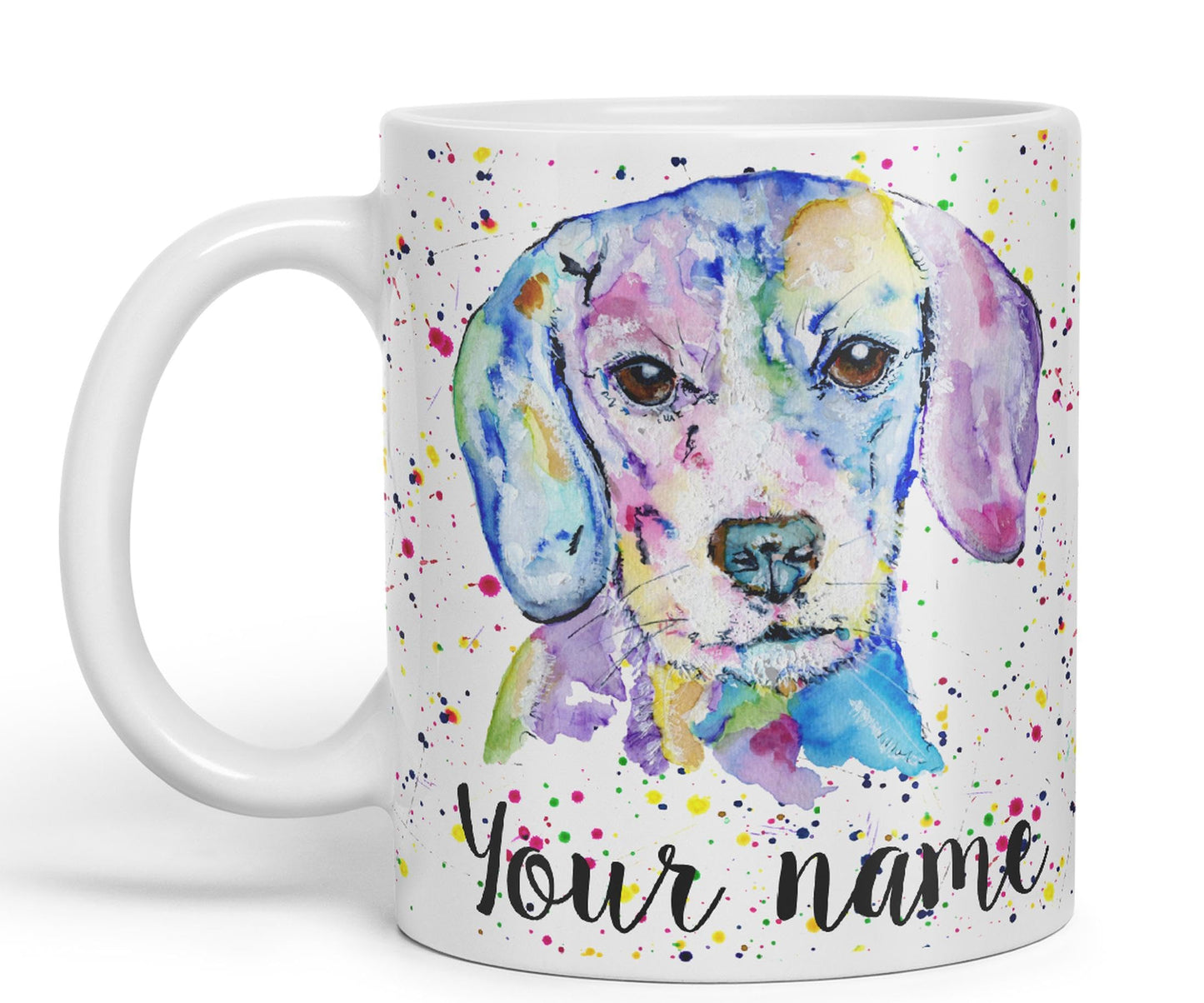 Vixar Personalised with Your Text Beagle Hound hounting Dog Pet Watercolour Art Coloured Ceramic Mug Cup Gift 330ml 11oz Custom Work Office Tea Coffee