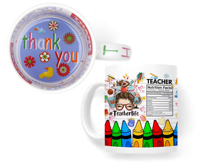 Vixar Teacher Nutrition Facts #teacherlife Mug Thank You, End of School Gift Ceramic Coloured Mug Cup for Tea Coffee Hot Brew 330ml 11Oz Gift TF1