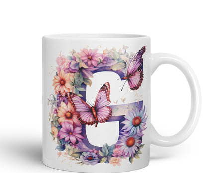 Letter G mug, Floral flowers butterfly Alphabet Letter G Monogram watercolour Ceramic Coloured Mug Cup for Tea Coffee Hot brew 330ml 11Oz Gift
