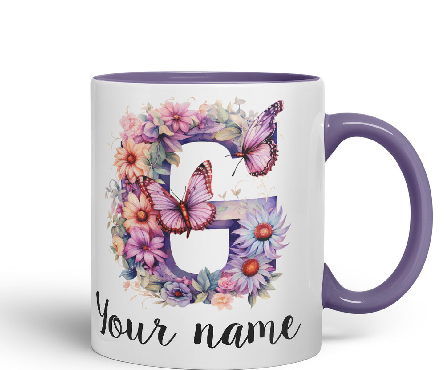 Personalised Letter G mug, Customized Custom Floral flowers butterfly Alphabet Letter G Monogram watercolour Ceramic Coloured Mug Cup for Tea Coffee Hot brew 330ml 11Oz Gift