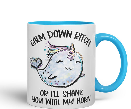 Vixar Unicorn Calm Down B... or I'll Shank You with My Horn Ceramic Coloured Mug Cup Gift Tea Coffee Christmas Office Home Sarcastic Joke