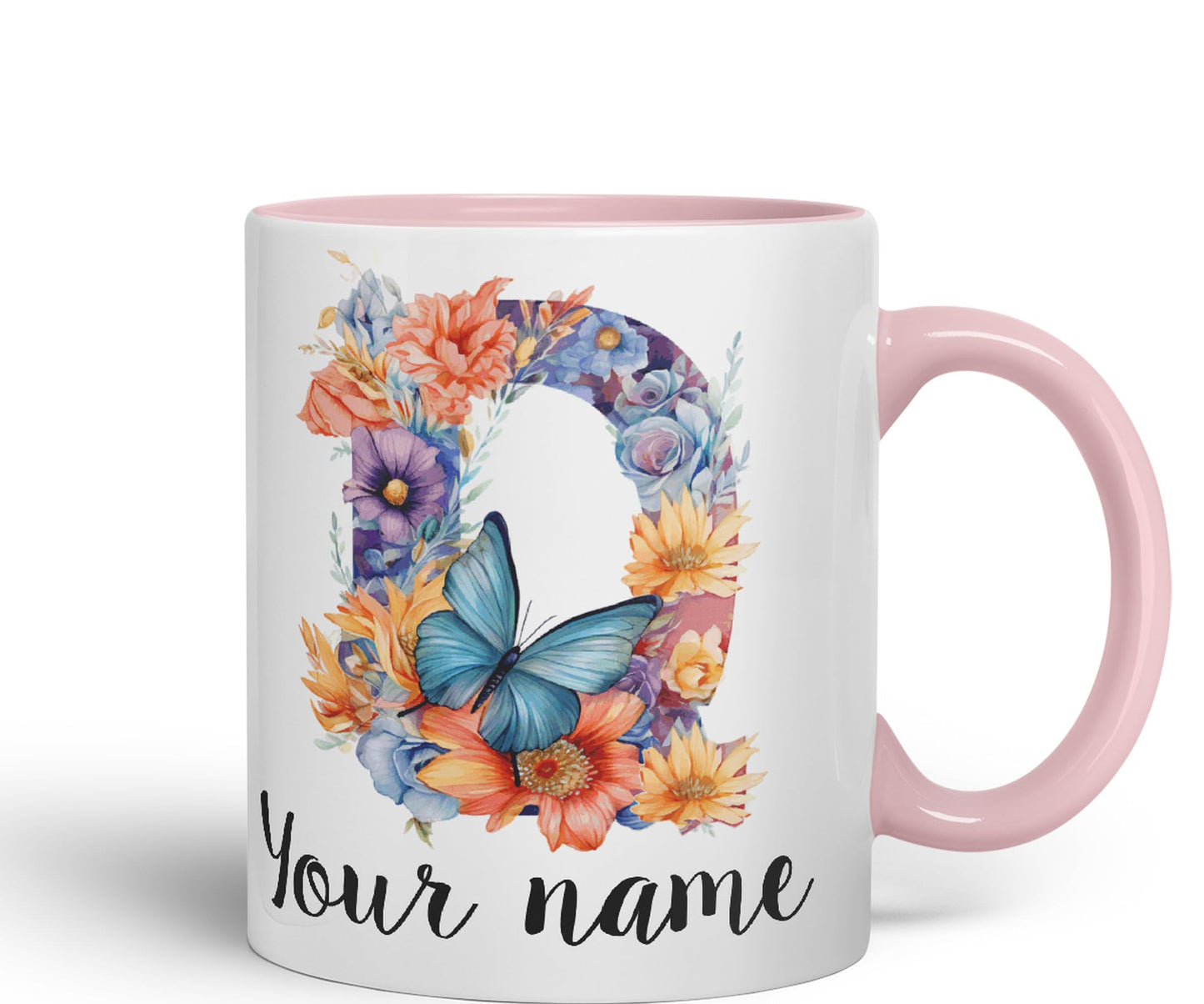 Personalised Letter Q mug, Customized Custom Floral flowers butterfly Alphabet Letter Q Monogram watercolour Ceramic Coloured Mug Cup for Tea Coffee Hot brew 330ml 11Oz Gift