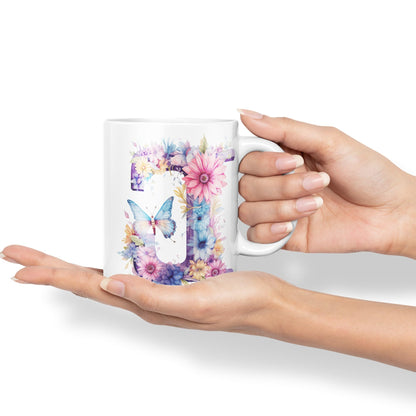 Letter J mug, Floral flowers butterfly Alphabet Letter J Monogram watercolour Ceramic Coloured Mug Cup for Tea Coffee Hot brew 330ml 11Oz Gift
