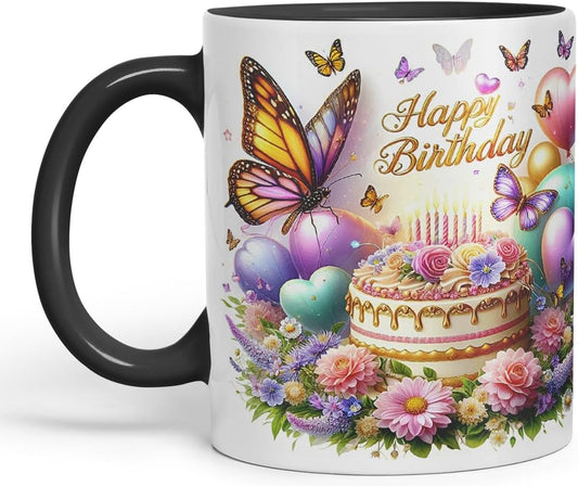 Vixar Happy Birthday Cake with Butterflies Coloured Ceramic Mug Cup Gift 11oz V2 (Black)
