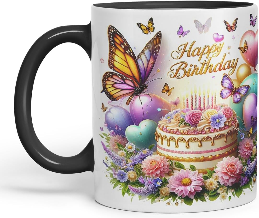 Vixar Happy Birthday Butterflies Over Cake Coloured Ceramic Mug Cup Gift 11oz V12 (Black)