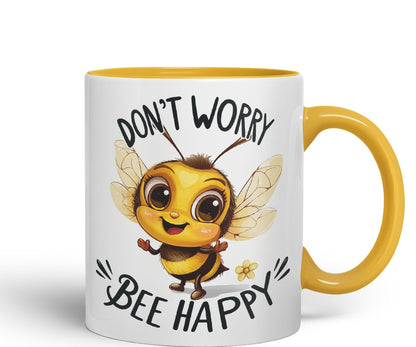 Don’t Worry Bee Happy Bees Joke sarkasm Sarcastic Ceramic Coloured Mug Cup for Tea Coffee Hot Brew 330ml 11Oz Gift