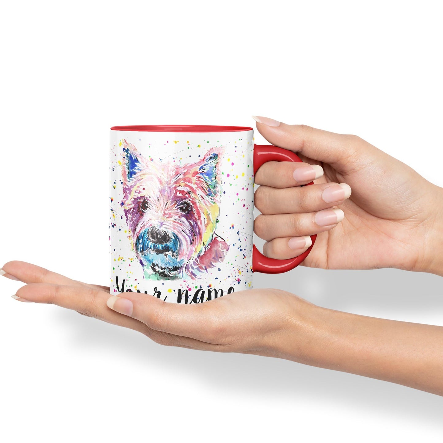 Personalised mug with Your Text name West Highland terrier Scottish animals Watercolour Art Coloured Ceramic Mug Cup Gift 330ml 11oz Custom Work Office Tea Coffee