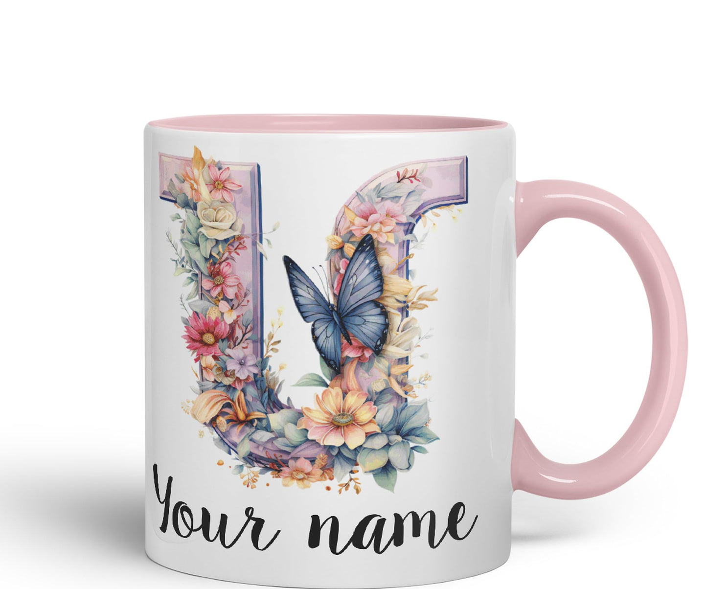 Personalised Letter U mug, Customized Custom Floral flowers butterfly Alphabet Letter U Monogram watercolour Ceramic Coloured Mug Cup for Tea Coffee Hot brew 330ml 11Oz Gift