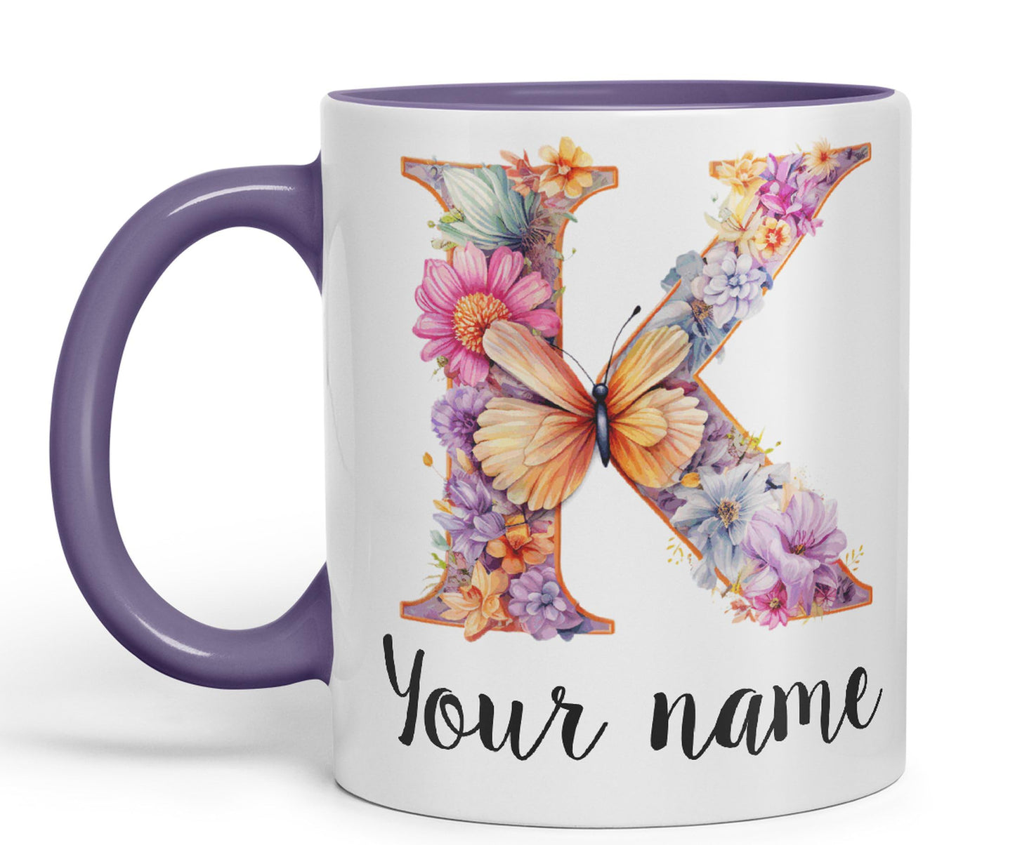 Personalised Letter K mug, Customized Custom Floral flowers butterfly Alphabet Letter K Monogram watercolour Ceramic Coloured Mug Cup for Tea Coffee Hot brew 330ml 11Oz Gift