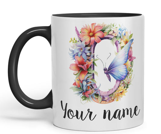 Personalised Letter O mug, Customized Custom Floral flowers butterfly Alphabet Letter O Monogram watercolour Ceramic Coloured Mug Cup for Tea Coffee Hot brew 330ml 11Oz Gift