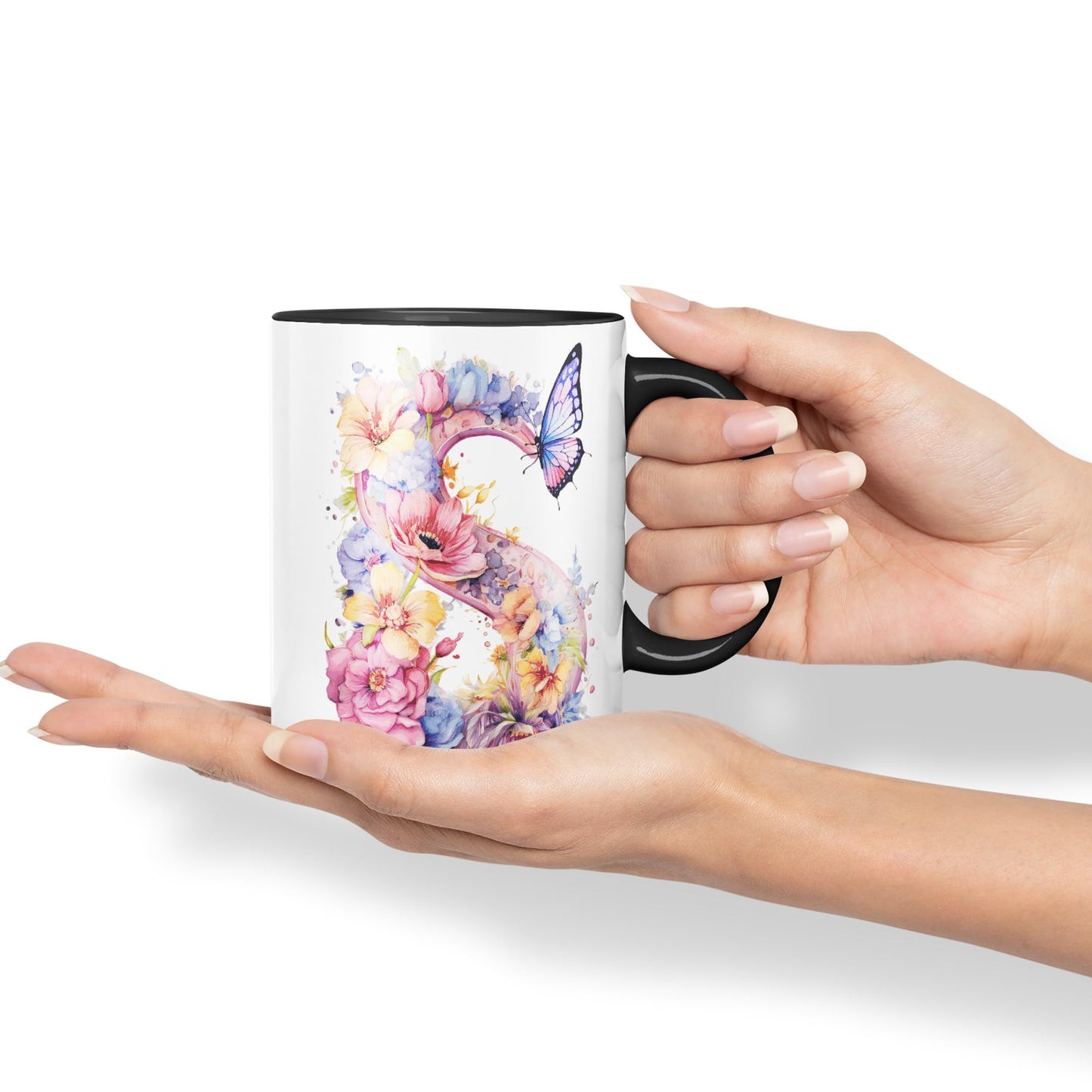 Letter S mug, Floral flowers butterfly Alphabet Letter S Monogram watercolour Ceramic Coloured Mug Cup for Tea Coffee Hot brew 330ml 11Oz Gift