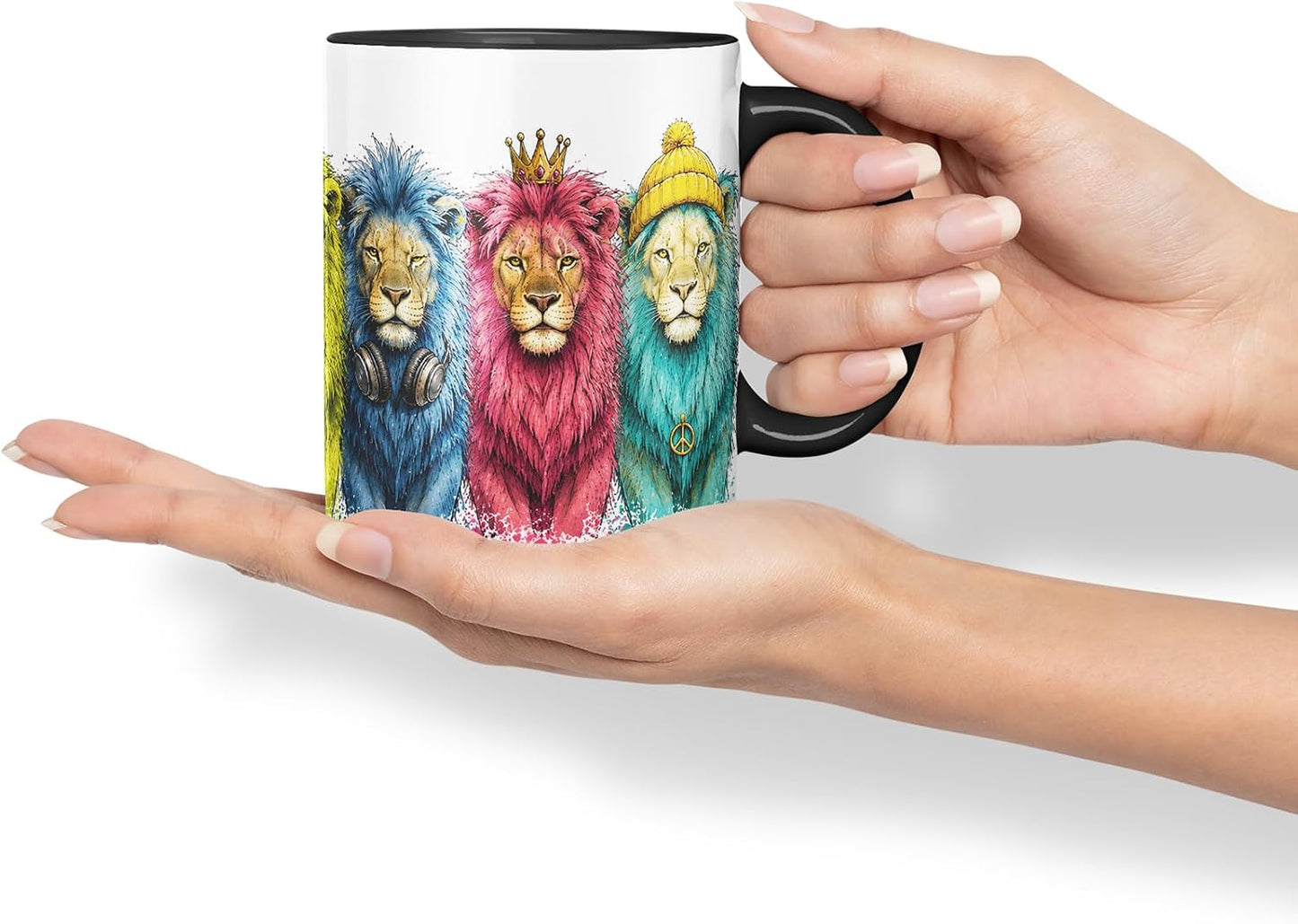 Lion Mug – Cute Lion Animal Coloured Ceramic Mug Cup Gift, 11oz (Black)