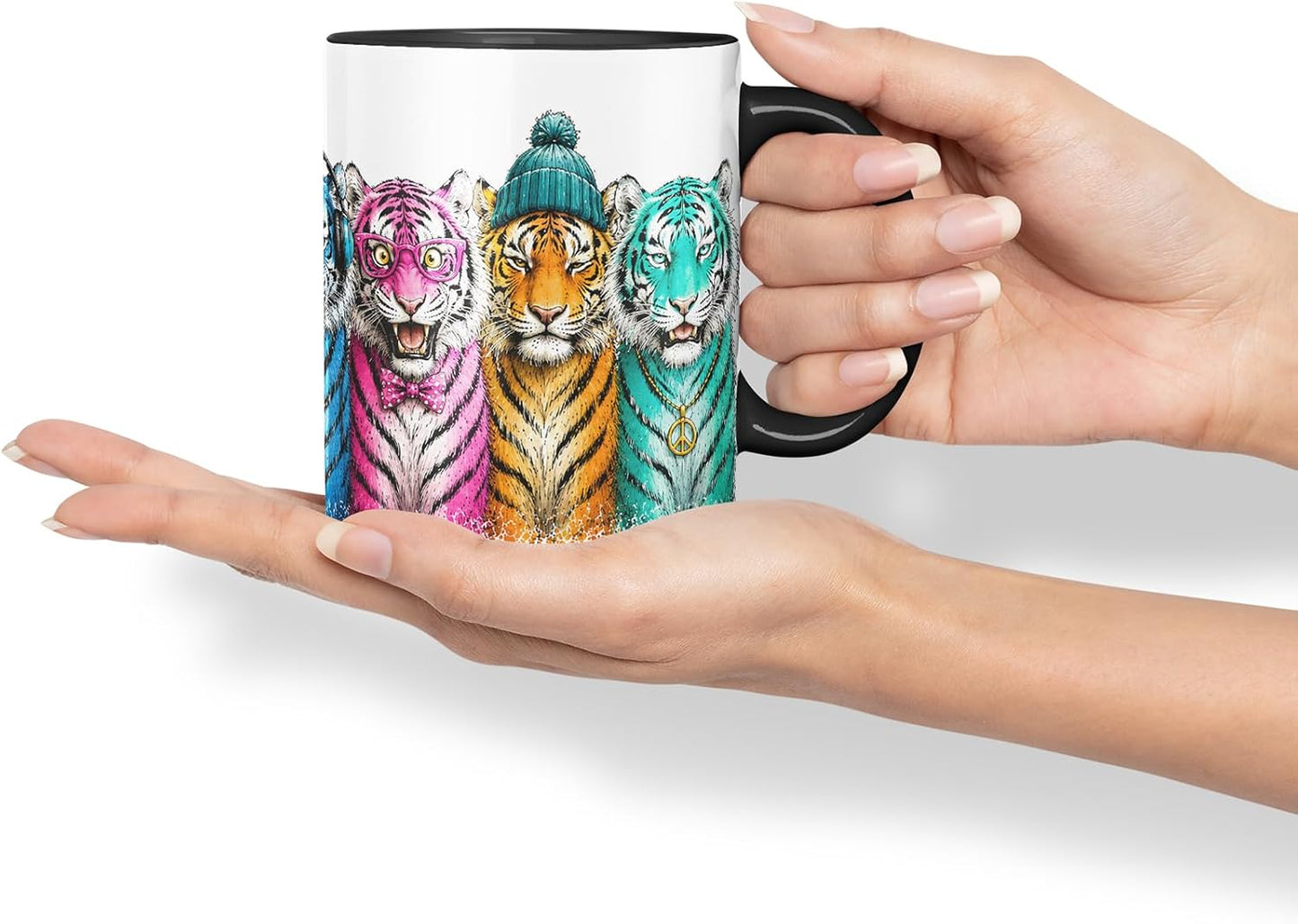 Vixar Tigers Mug – Cute Tigers Coloured Ceramic Mug Cup Gift, 11oz (Black)
