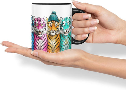 Vixar Tigers Mug – Cute Tigers Coloured Ceramic Mug Cup Gift, 11oz (Black)