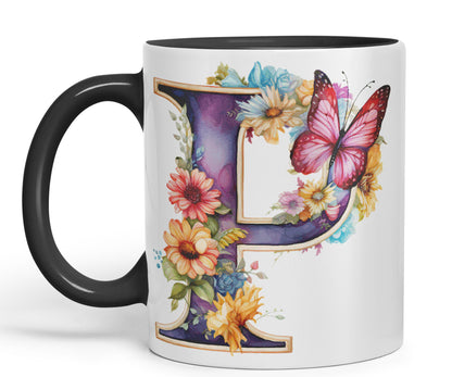 Letter P mug, Floral flowers butterfly Alphabet Letter P Monogram watercolour Ceramic Coloured Mug Cup for Tea Coffee Hot brew 330ml 11Oz