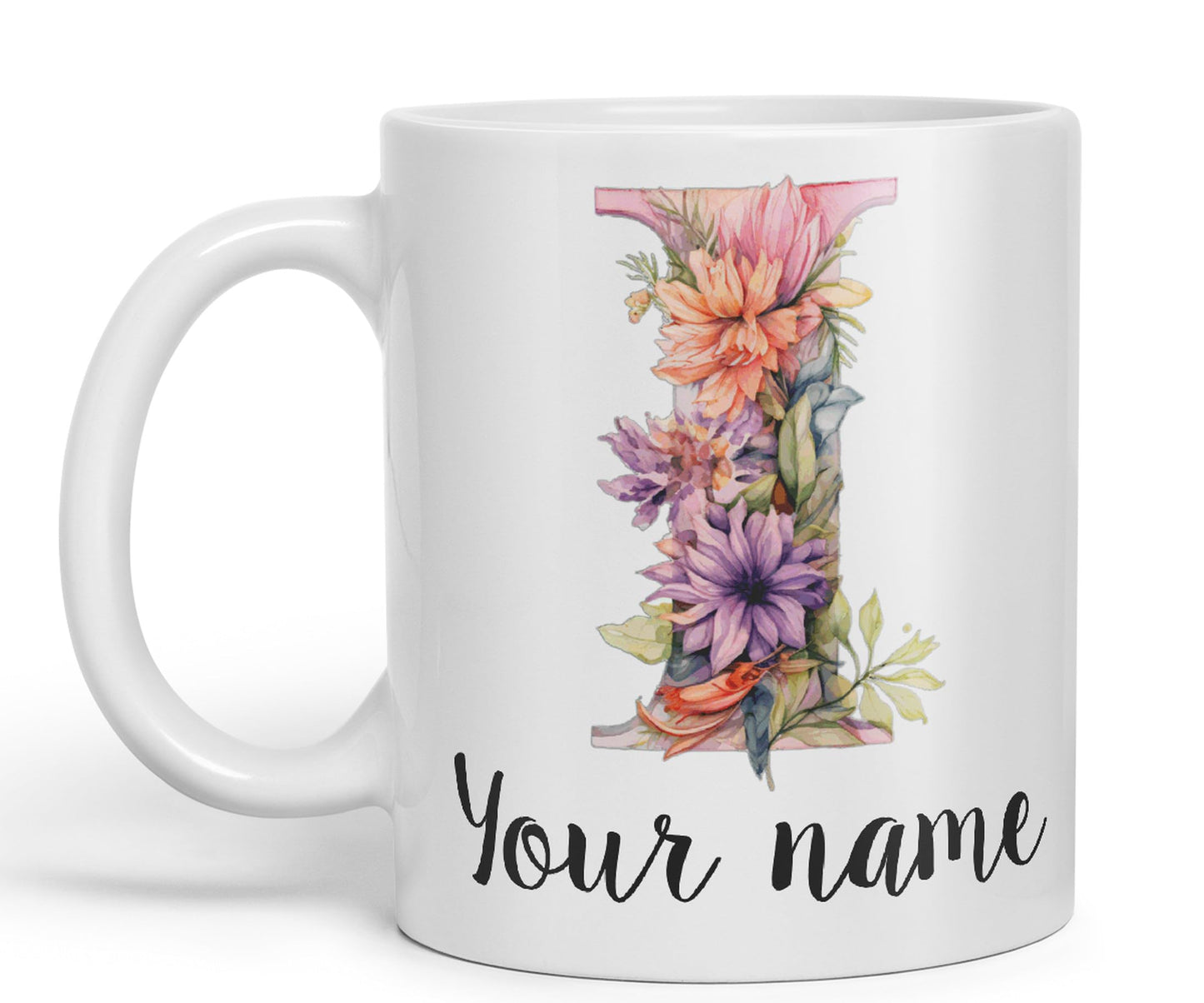 Personalised Letter I mug, Customized Custom Floral flowers butterfly Alphabet Letter I Monogram watercolour Ceramic Coloured Mug Cup for Tea Coffee Hot brew 330ml 11Oz Gift