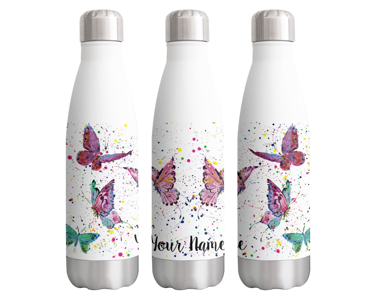 Vixar Butterfly Personalised Custom Bottle with your Text/name Watercolour animals Bottle double Wall insulated Stainless steel sport Drinks 500ml