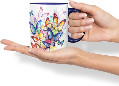 Vixar Ceramic Mug “Rainbow Butterflies” – Coloured Coffee & Tea Mug Cup 11oz 330ml (Navy)