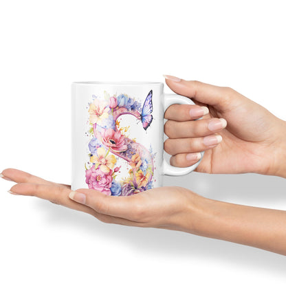 Letter S mug, Floral flowers butterfly Alphabet Letter S Monogram watercolour Ceramic Coloured Mug Cup for Tea Coffee Hot brew 330ml 11Oz Gift