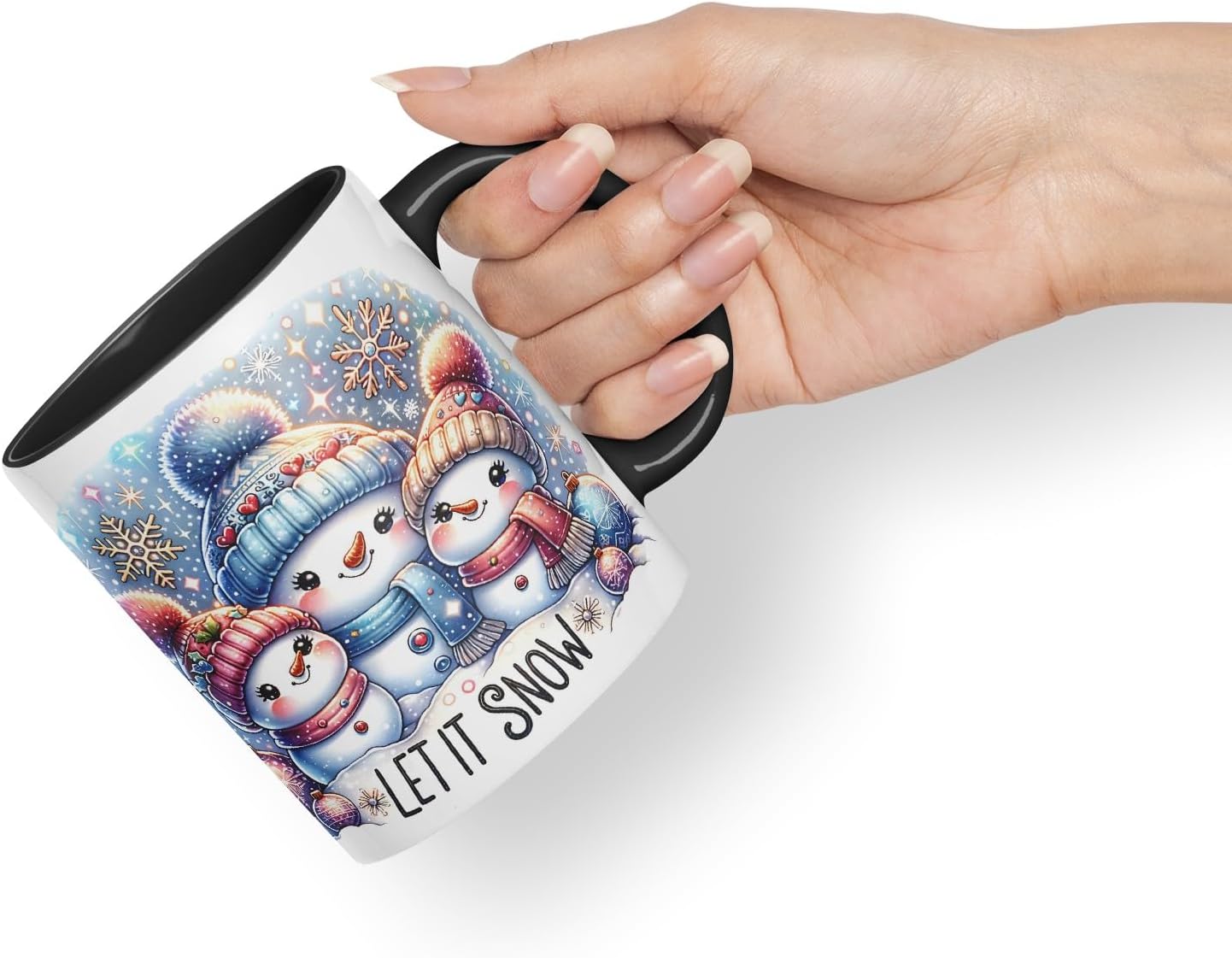 Vixar Let It Snow Cute Snowman Family Coloured Mug Cup Christmas Winter Gift 11oz (Black)