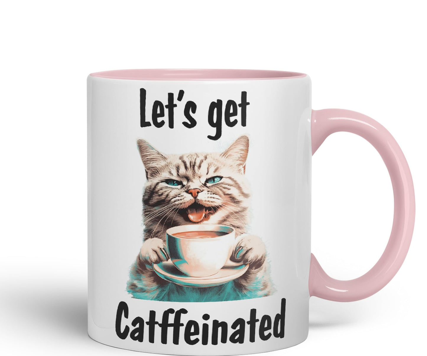 Let's get Caffeinated cat Kitten Joke sarkasm Sarcastic Ceramic Coloured Mug Cup for Tea Coffee Hot Brew 330ml 11Oz Gift