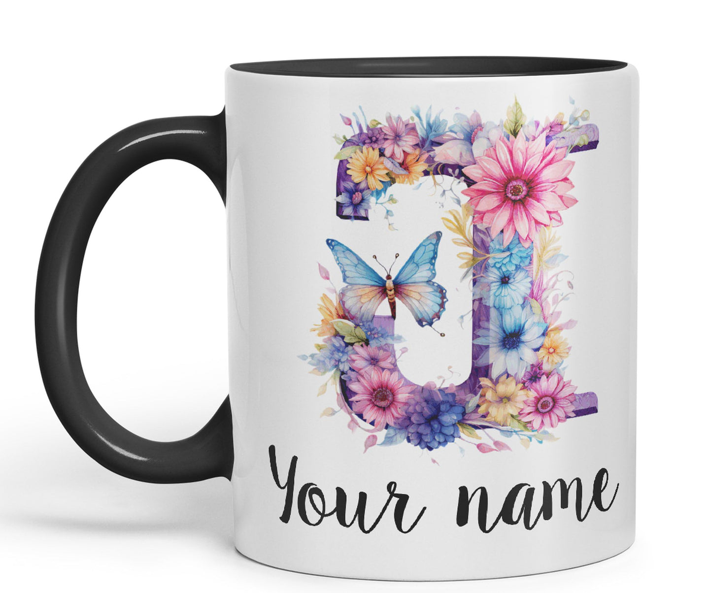 Personalised Letter J mug, Customized Custom Floral flowers butterfly Alphabet Letter J Monogram watercolour Ceramic Coloured Mug Cup for Tea Coffee Hot brew 330ml 11Oz Gift