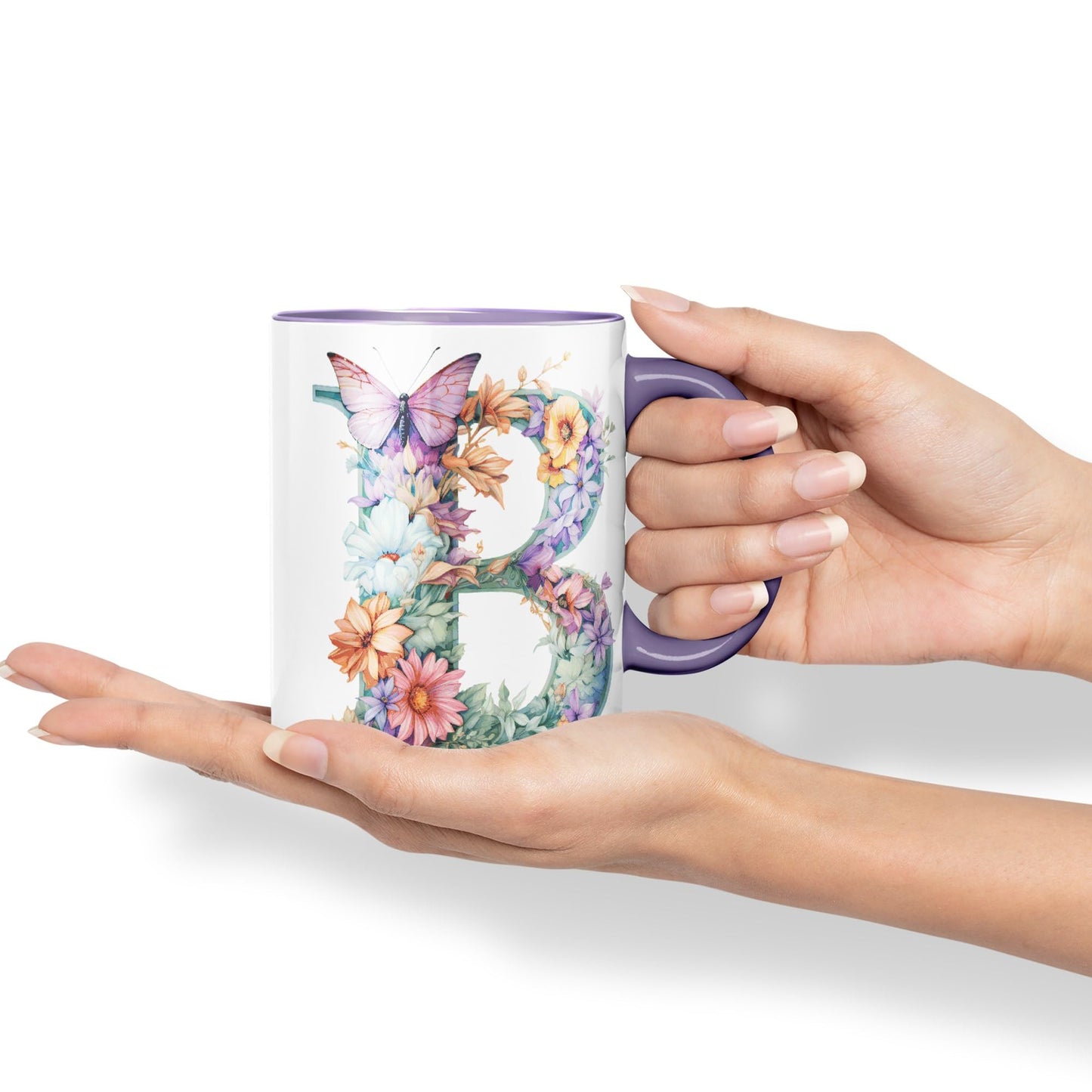Letter B mug, Floral flowers butterfly Alphabet Letter B Monogram watercolour Ceramic Coloured Mug Cup for Tea Coffee Hot brew 330ml 11Oz Gift