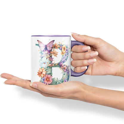 Letter B mug, Floral flowers butterfly Alphabet Letter B Monogram watercolour Ceramic Coloured Mug Cup for Tea Coffee Hot brew 330ml 11Oz Gift