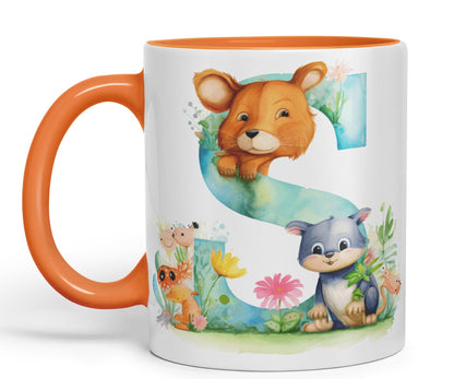 Letter S mug, Animals Alphabet Letter S Monogram animal for kids Ceramic Coloured Mug Cup for Tea Coffee Hot brew 330ml 11Oz Gift