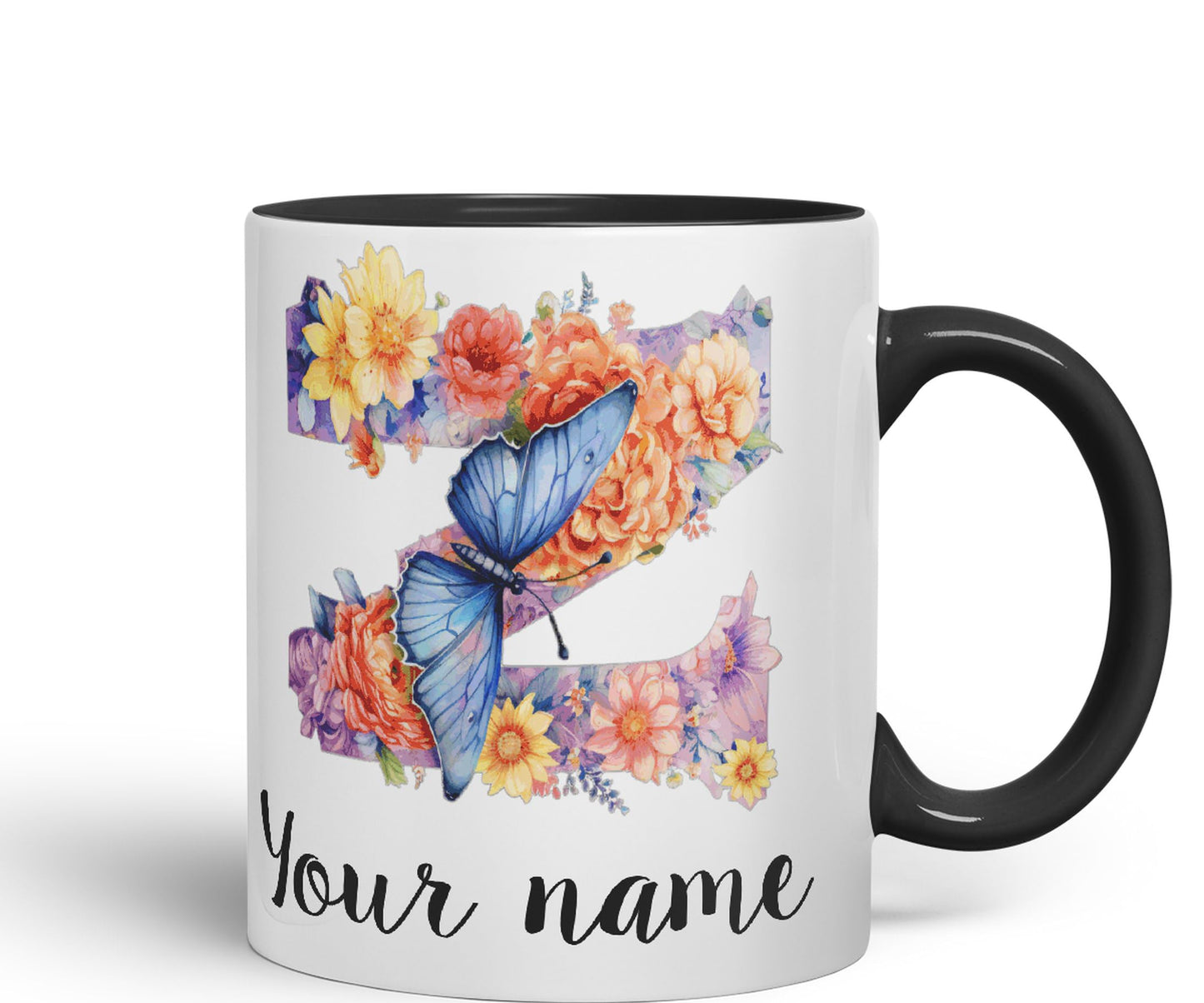 Personalised Letter Z mug, Customized Custom Floral flowers butterfly Alphabet Letter Z Monogram watercolour Ceramic Coloured Mug Cup for Tea Coffee Hot brew 330ml 11Oz Gift