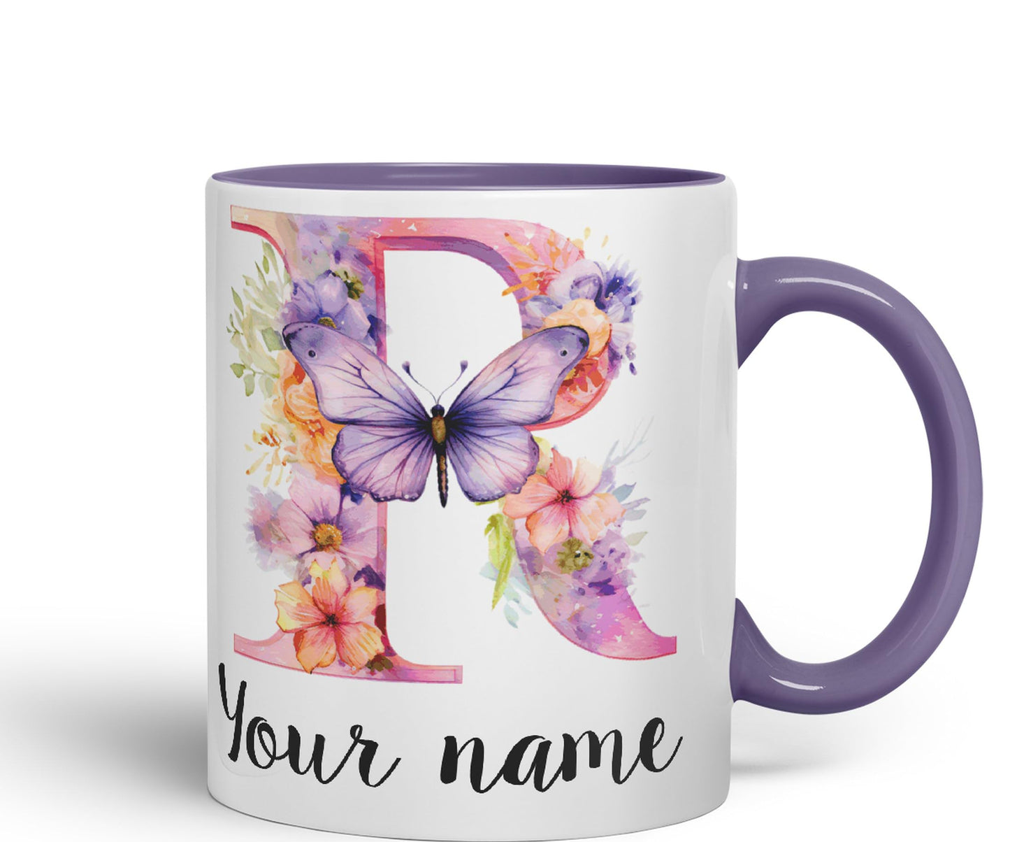 Personalised Letter R mug, Customized Custom Floral flowers butterfly Alphabet Letter R Monogram watercolour Ceramic Coloured Mug Cup for Tea Coffee Hot brew 330ml 11Oz Gift