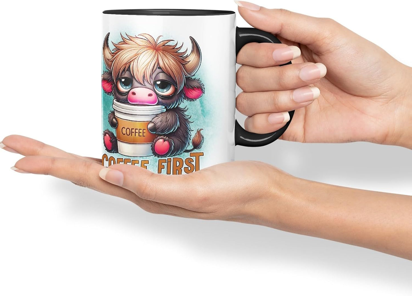 Vixar Coffee First Highland Cow Coloured Ceramic Mug Cup Gift for Coffee Lovers 11oz (Black)