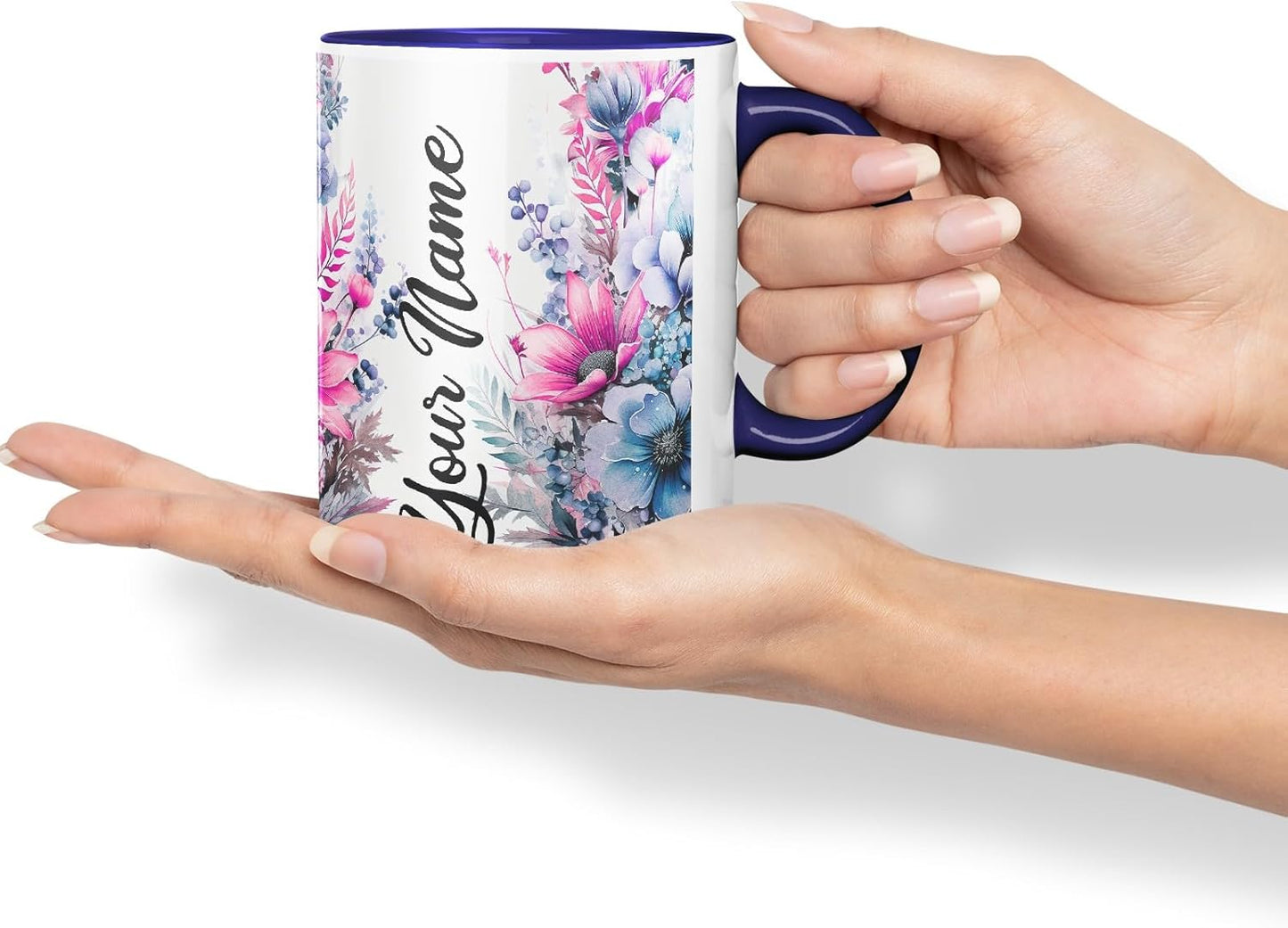 Vixar Personalised Purple Floral Mug – Custom Your Name Coloured Ceramic Mug Cup Gift, 11oz (Black)