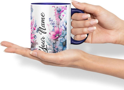 Vixar Personalised Purple Floral Mug – Custom Your Name Coloured Ceramic Mug Cup Gift, 11oz (Black)