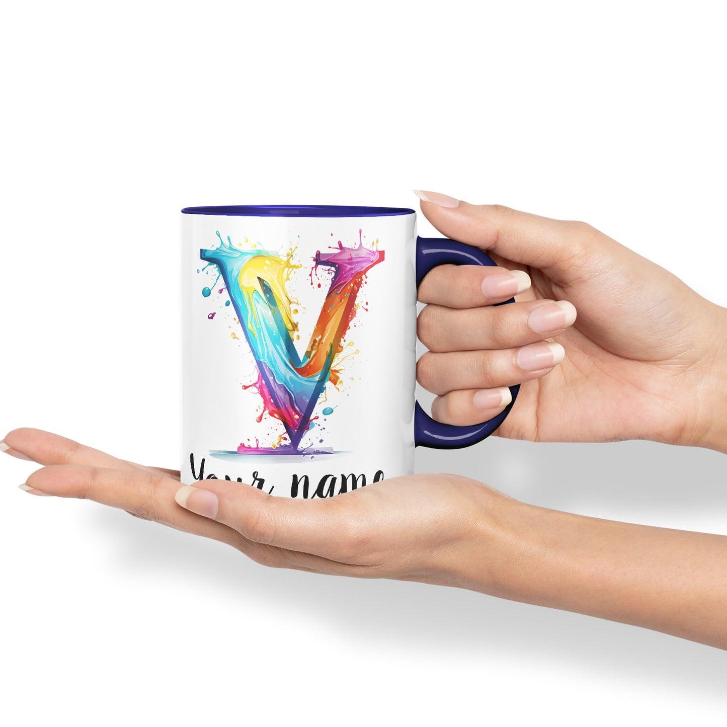 Personalised Letter V mug, Alphabet cusomized custom Letter V Monogram watercolour Ceramic Coloured Mug Cup for Tea Coffee Hot brew 330ml 11Oz Gift