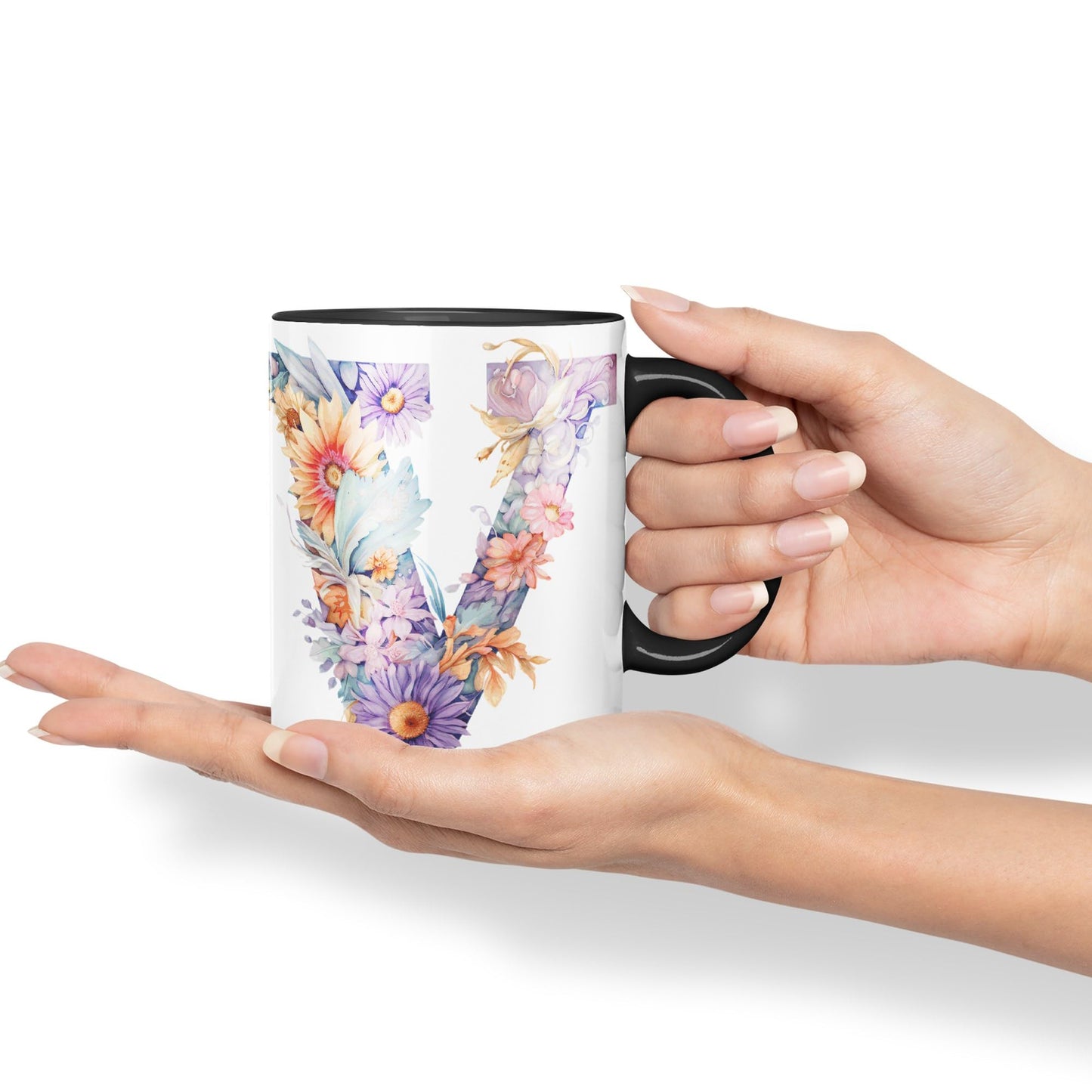 Letter V mug, Floral flowers butterfly Alphabet Letter V Monogram watercolour Ceramic Coloured Mug Cup for Tea Coffee Hot brew 330ml 11Oz Gift