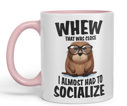 Whew That was Close A Almost had to Socialize Joke sarkasm Sarcastic Ceramic Coloured Mug Cup for Tea Coffee Hot Brew 330ml 11Oz Gift