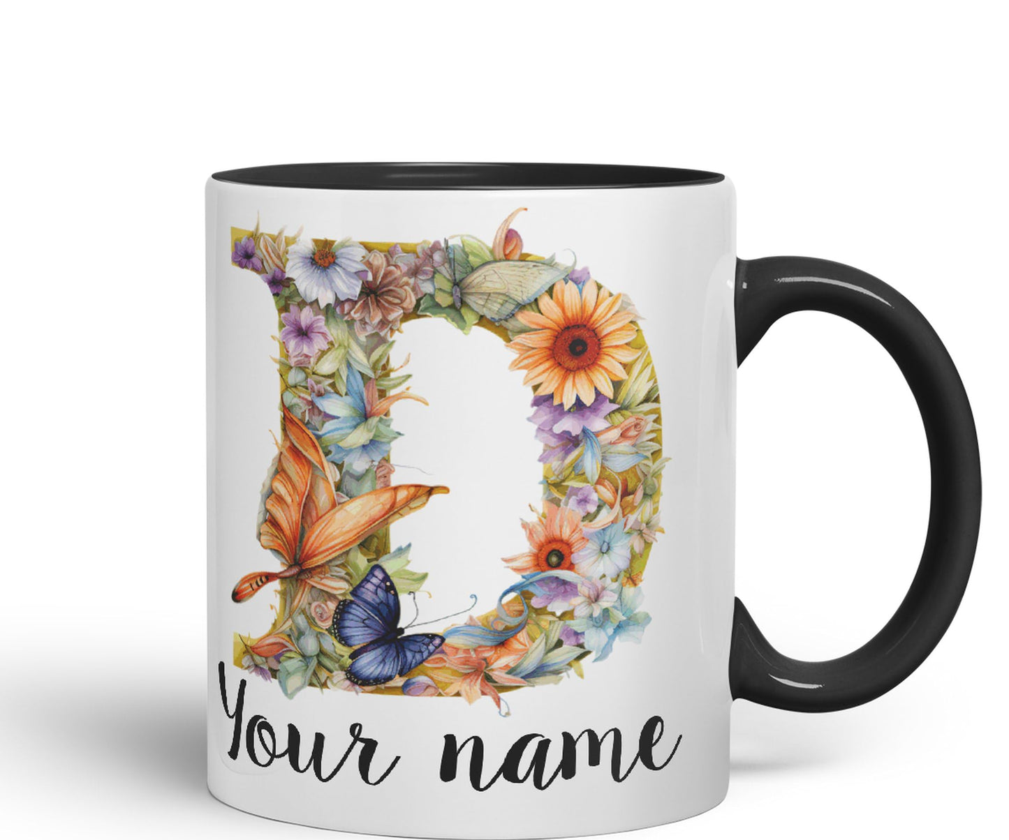 Personalised Letter D mug, Customized Custom Floral flowers butterfly Alphabet Letter D Monogram watercolour Ceramic Coloured Mug Cup for Tea Coffee Hot brew 330ml 11Oz Gift